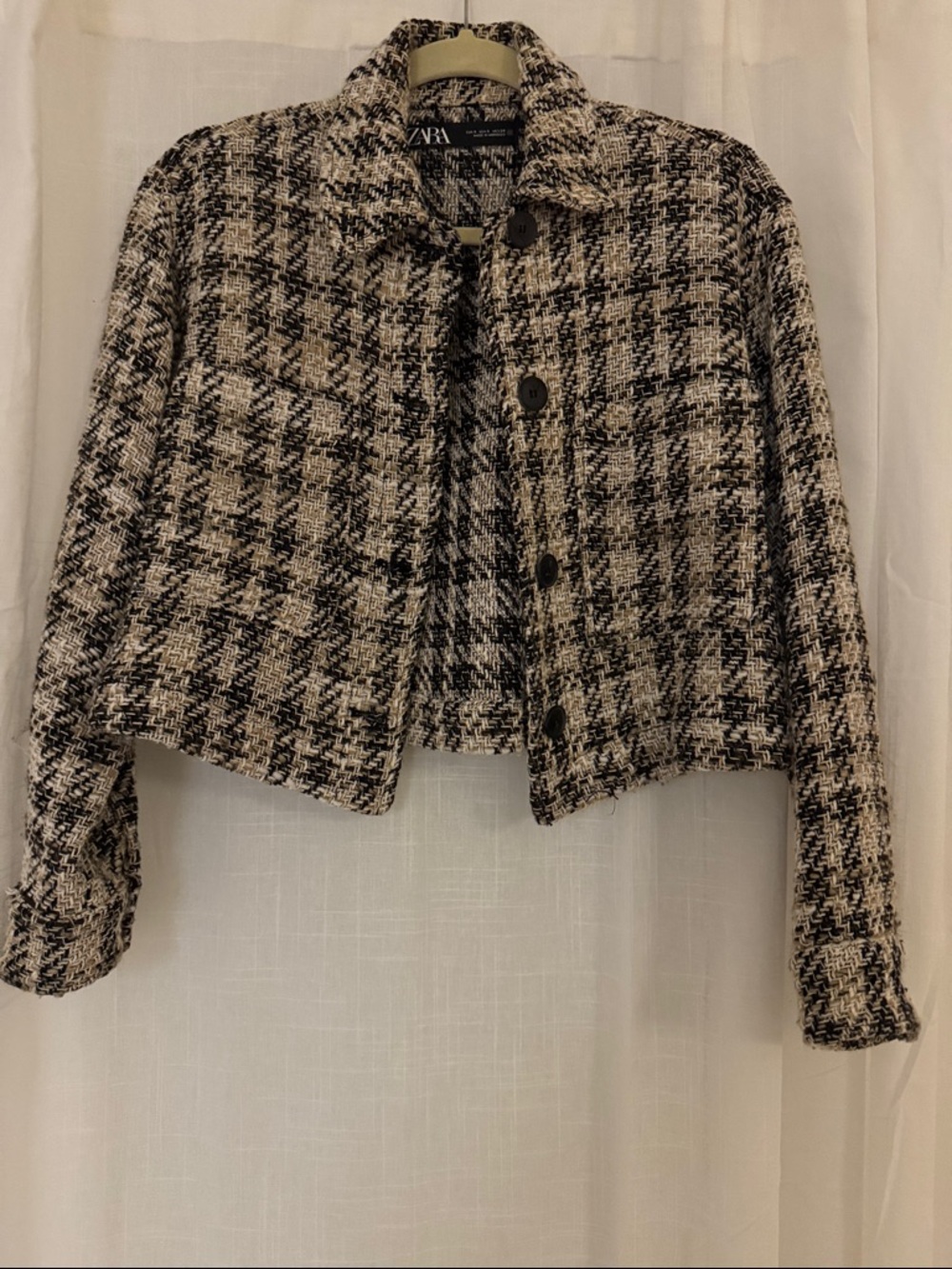 ZARA Black and Cream Tweed Cropped Blazer